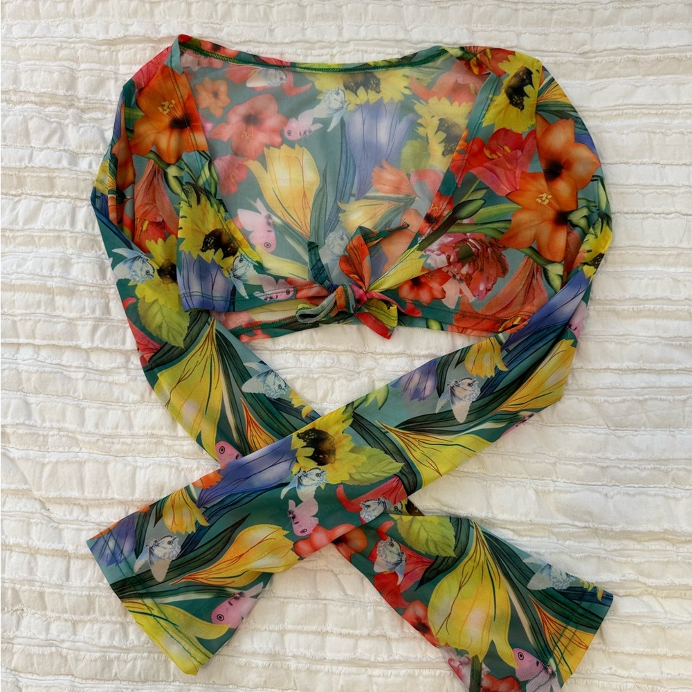 Sheer printed cropped sweater